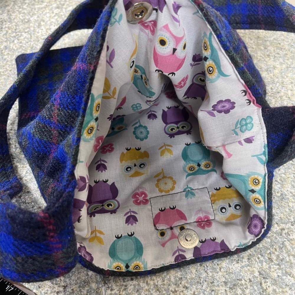 Harris Tweed Shoulder Bag Blue Plaid Wool Owl Lining Crossbody Magnetic Closure - Picture 2 of 11